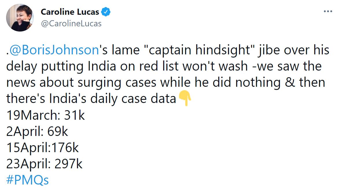 Caroline Lucas tweet re Johnson and India on red list 16-6-2021 - enlarge